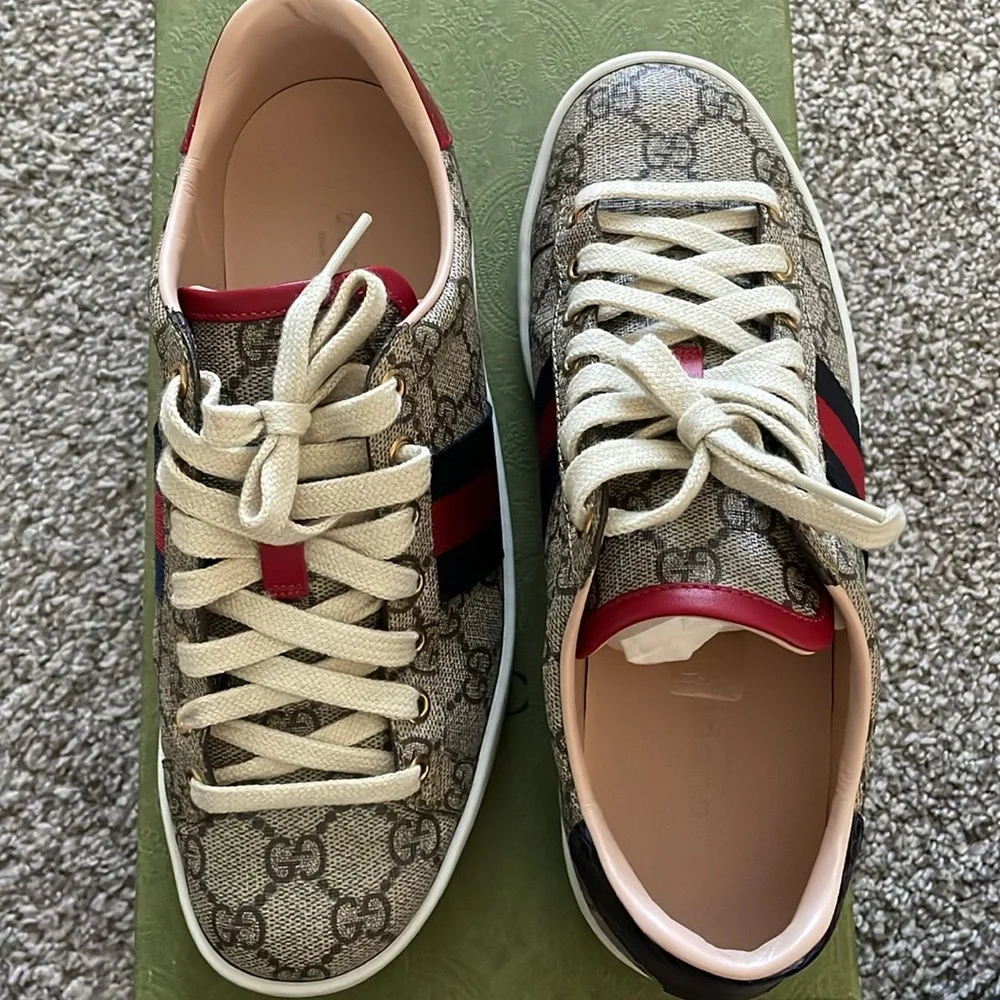 Size 37  Women's - Ace Gucci-GG Supreme Beige/Ebony/Blue/Red - Picture 7 of 9